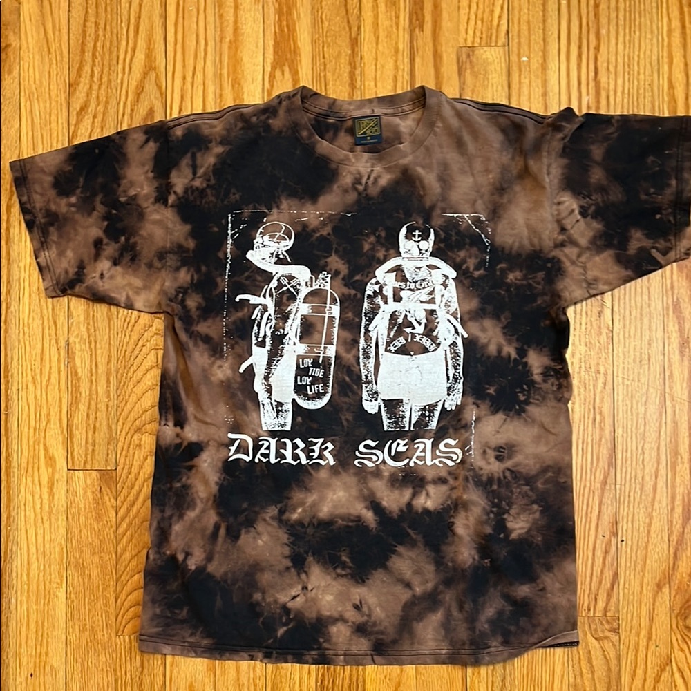 Brown and Black Short Sleeve Tie-Dye Tee with Skeletal Graphic